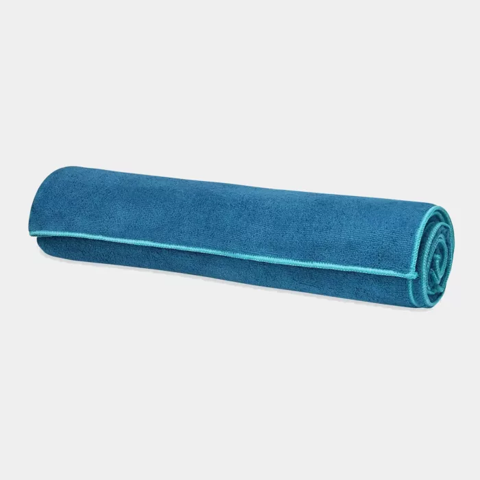 Gaiam Stay Put Yoga Towel in blue with teal trim available at MB Fit Studio in Solana Beach