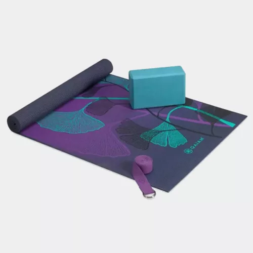 Gaiam Yoga Beginners Kit with the lily shadows motif in blue and purple available at MB Fit Studio in Solana Beach