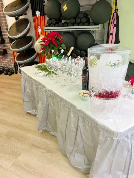 Drinks at reception table at a private party at MB Fit Studio in Solana Beach, San Diego